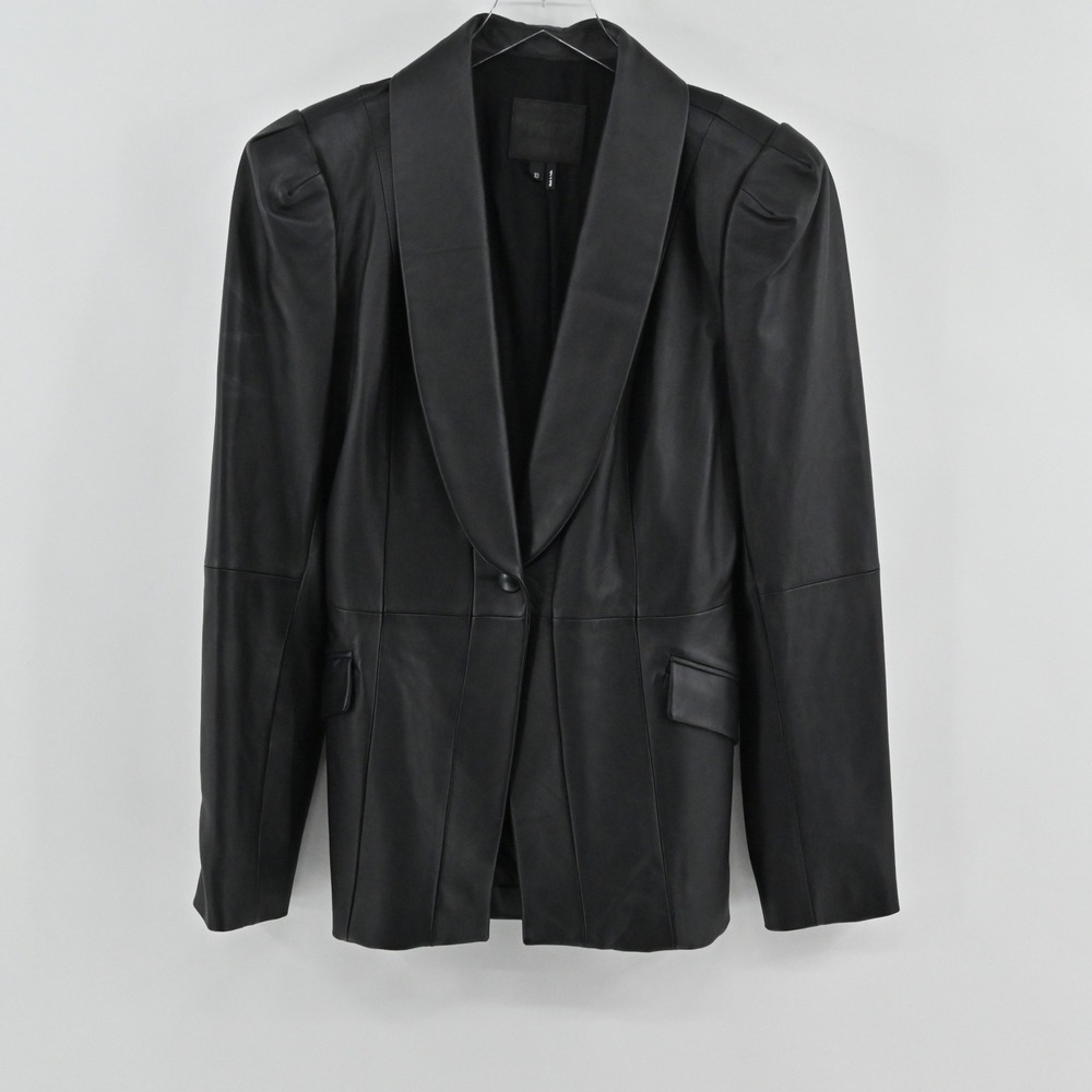 PAIGE Ciarra Leather Blazer Womens Size 10 Black Puff Sleeve Shawl Collar Jacket